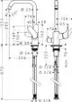 Hansgrohe Spültischmischer mit flexibel einstellbarem Auslauf und Hebel für die Temperatur- und Mengeneinstellung. Detailreiche technische Zeichnung mit Maßangaben.